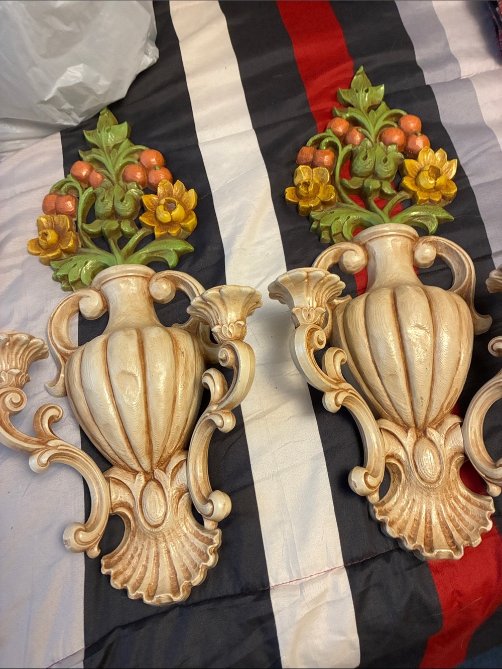 Decorative Cream and Gold Floral Wall Sconces - Set of 2